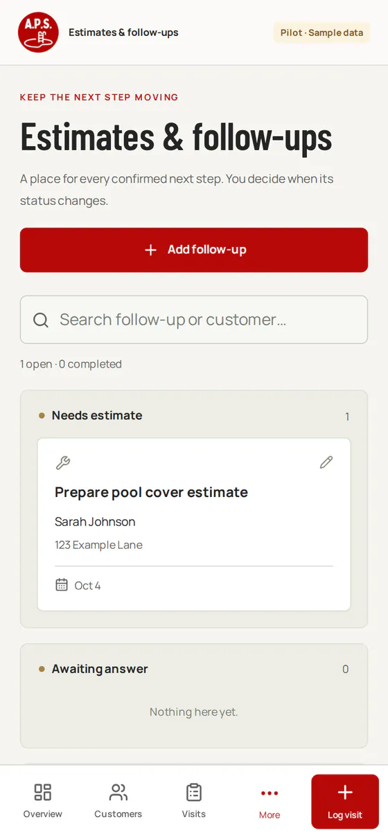 Auguste Pool Service app, Estimates and follow-ups screen: Prepare pool cover estimate for Sarah Johnson, under Needs estimate. Made-up sample data.
