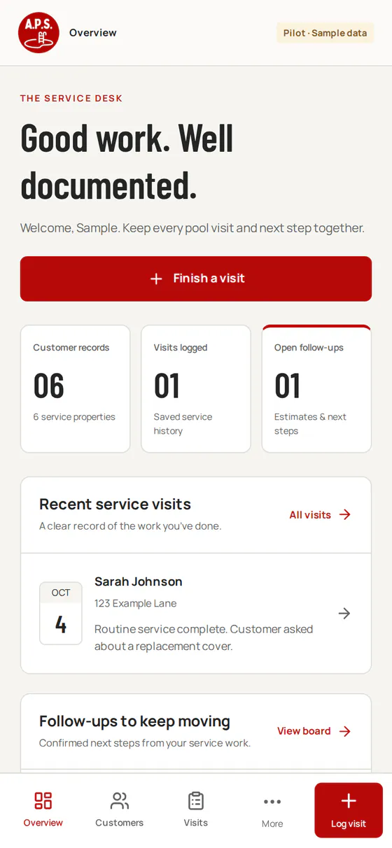 Auguste Pool Service business app overview on a phone