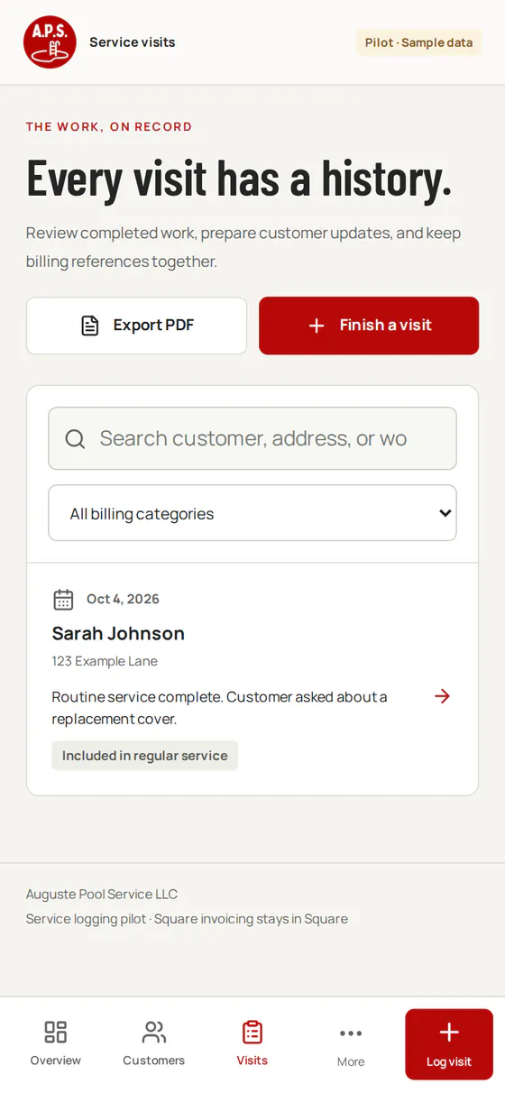 Auguste Pool Service app, Service visits screen: a sample visit for Sarah Johnson, routine service complete, customer asked about a replacement cover. Made-up sample data.